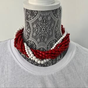 Vintage Ethnic Wooden Beaded Choker Necklace Red and White